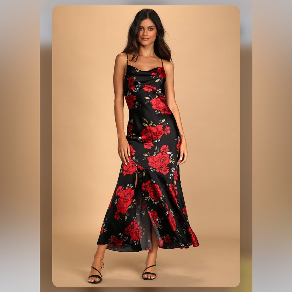 Extra Sultry Black Floral Print Satin Cowl Neck Maxi Dress